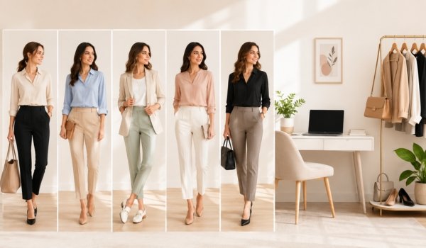 What Does Business Casual Actually Mean for Women Business casual for women outfit with blazer, tailored trousers, and loafers in a modern office
