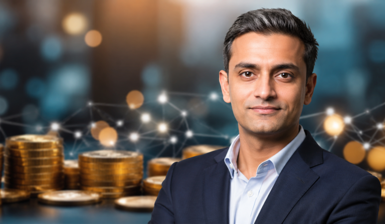 Jaynti Kanani speaking at a blockchain conference during a Polygon event